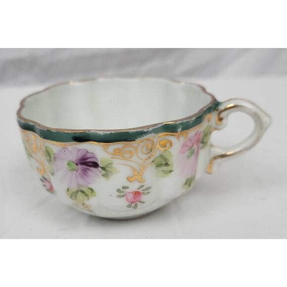 Vintage Bone China Teacup With Gold Trimming, Purple/Pink Flowers, Green Edging - Picture 1 of 5